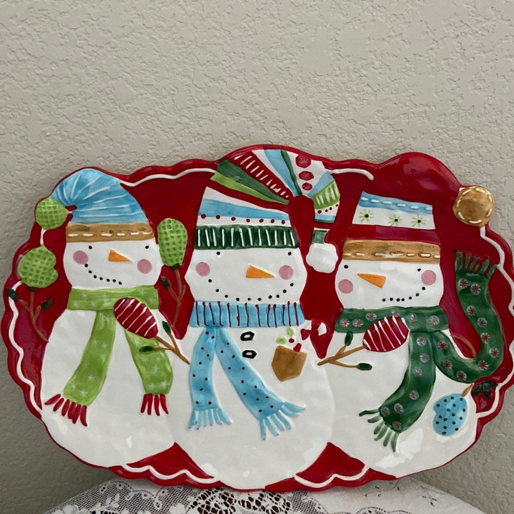 2 Pier 1 Imports Snowman Platter Hand Painted. 16”x 12” Brand New In Box